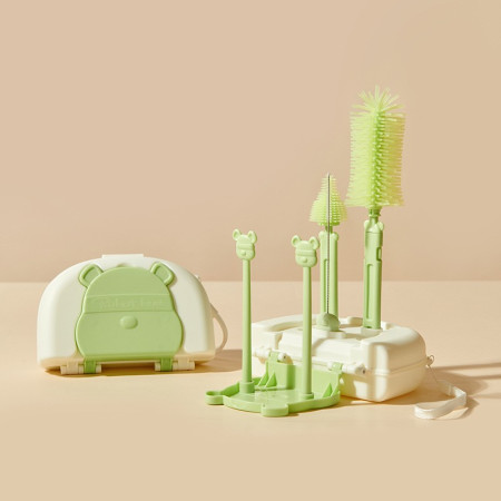 Set 7 Piese de Spalat/Uscat Biberoane, Cyrax, Portabil, Peri de Silicon, pentru Tetine, Suzete, Biberoane, Paie, Cutie Inclusa, 16 x 11 x 5 cm, Model Ursulet, Verde