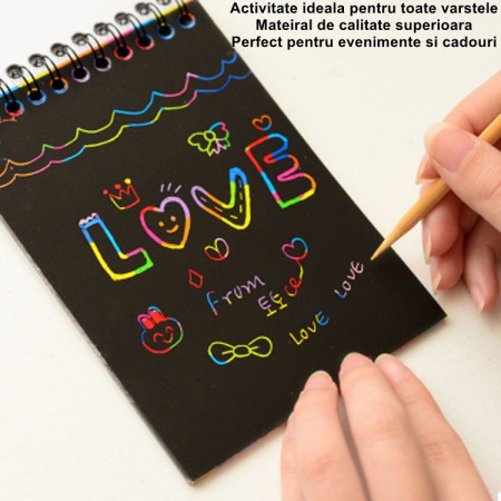 Caiet cu fise razuibile Cyrax, DIY Magic Scratch, 12 File, Curcubeu, Creion din Lemn, Cartonase negre, 14 x 10 cm, albastru