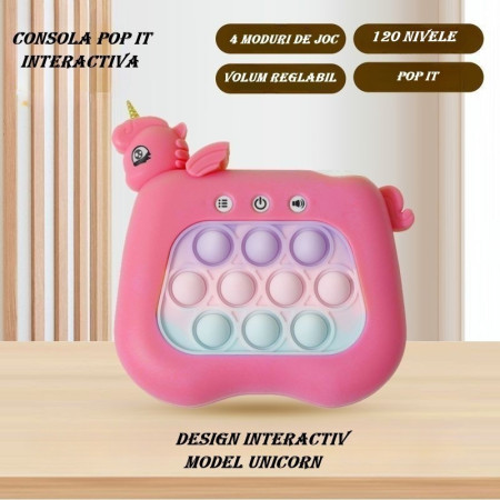 Jucarie Interactiva Tip Consola pentru Copii, Cyrax, Diferite Moduri de Joc, 120 Nivele, Material ABS/silicon, Sunete si Lumini, 13.5 x 5.5 x 12.5 cm, Model Unicorn, Fucsia