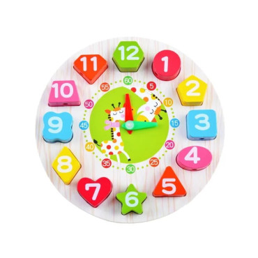 Jucarie Educativa Cyrax, Tip Montessori, Model Ceas Girafa, din Lemn, + 36 Luni, 12 Piese, 17 cm, Multicolor