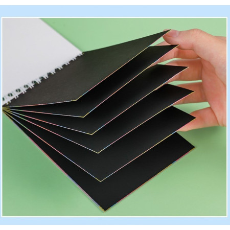 Caiet cu fise razuibile Cyrax, DIY Magic Scratch, 12 File, Curcubeu, Creion din Lemn, Cartonase negre, A5, Multicolor