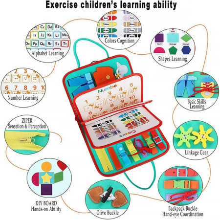 Carte Senzoriala Educativa Montessori, Cyrax, cu Activitati, Dezvoltare Abilitati Motorii, 4 Pagini, Model Spatiu Cosmic, 28x22x7 cm, Albastru