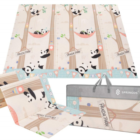Covoras pentru Copii, Cyrax, cu 2 Fete, Model Panda/Party, din XPE+PE, Impermeabil, Antiderapant, Protectie Termica, +3 Luni, Pliabil, 180 x 200 x 1 cm, Multicolor