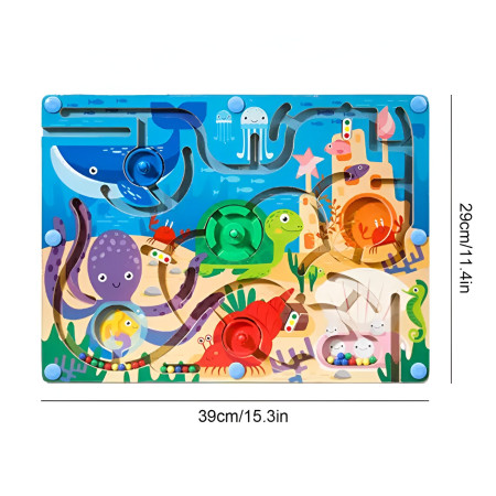 Joc Montessori de Sortare Culori, Cyrax, Creion Magnetic, Tip Labirint Ilustrat, din Lemn, Model Animale Marine, 39x29x1.5 cm