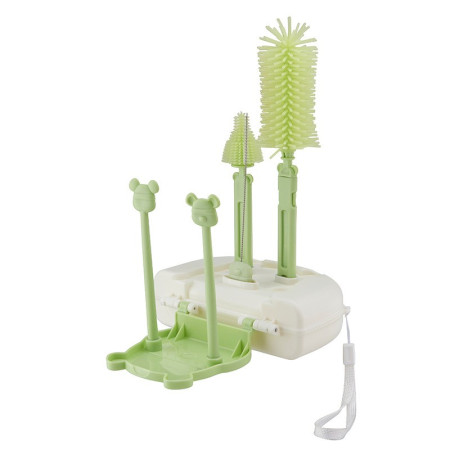 Set 7 Piese de Spalat/Uscat Biberoane, Cyrax, Portabil, Peri de Silicon, pentru Tetine, Suzete, Biberoane, Paie, Cutie Inclusa, 16 x 11 x 5 cm, Model Ursulet, Verde