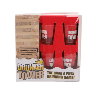 Joc de Baut Jenga Cyrax, Turnul Betivului din Lemn, Piese cu Provocari, Pahare de Shot din Sticla Incluse, 19 x 7 x 20 cm
