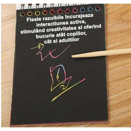 Caiet cu fise razuibile Cyrax, DIY Magic Scratch, 12 File, Curcubeu, Creion din Lemn, Cartonase negre, 14 x 10 cm, galben