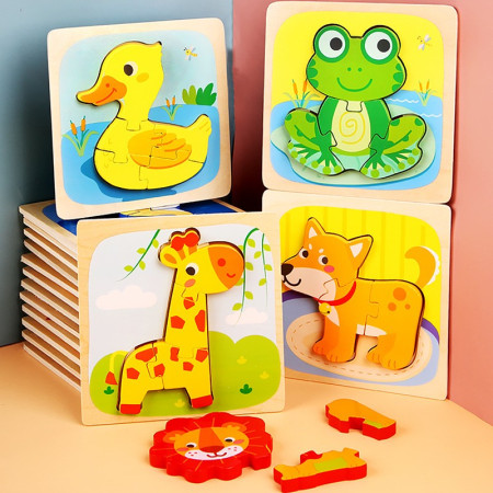 Puzzle Montessori din Lemn pentru Copii, Cyrax, 3D, 0-3 Ani, Model Catel, Educativ, Intuitiv, Creativ, 3 Piese, 15x15x0.5 cm, Multicolor