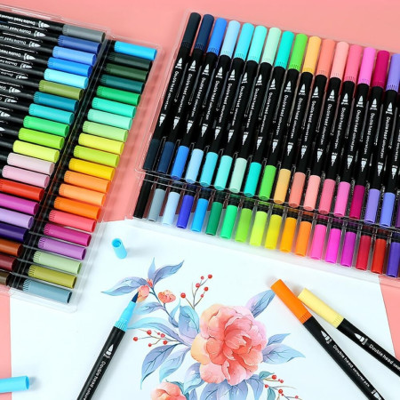Set Carioci pe Baza de Apa, Cyrax, 2 in 1, pentru Pictura, Caligrafie, 100 Culori, Penar Negru, Corp Carioca Negru, 23.5 x 19.5 x 7.5 cm, Multicolor