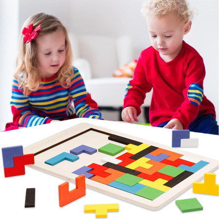Puzzle Montessori, Cyrax, din Lemn, Tip Tetris, +36 Luni, Forme Neregulate, 40 Piese, 26.5 x 17.7 cm, Multicolor