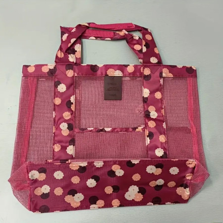 Geanta de Plaja, Cyrax, din Plasa Transparenta, Imprimeu Floral, 43 x 10 x 33 cm, Model pentru Umar, Lungime Inferioara 33 cm, Burgundy