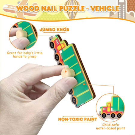 Puzzle Montessori din Lemn pentru Copii, Cyrax, 0-3 Ani, 3D, Model Transporturi, Educativ, Intuitiv, Creativ, 9 Piese, 30x22.5x0.8 cm, Multicolor