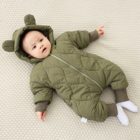 Combinezon de Iarna, Cyrax, pentru Bebelusi, din Bumbac, cu Urechi, Mansete Elastice, Unisex, 73 cm, Verde