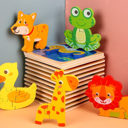 Puzzle Montessori din Lemn pentru Copii, Cyrax, 3D, 0-3 Ani, Model Catel, Educativ, Intuitiv, Creativ, 3 Piese, 15x15x0.5 cm, Multicolor