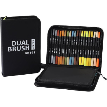 Set Carioci pe Baza de Apa, Cyrax, 2 in 1, pentru Pictura, Caligrafie, 60 Culori, Penar Negru, Corp Carioca Negru, 26.5 x 17.5 x 4.5 cm, Multicolor