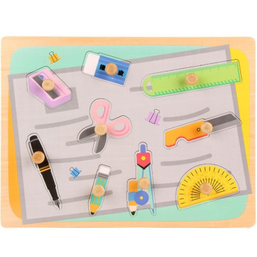 Puzzle Montessori din Lemn pentru Copii, Cyrax, 0-3 Ani, 3D, Model Instrumente Matematice, Educativ, Intuitiv, Creativ, 9 Piese, 30x22.5x0.8 cm, Multicolor