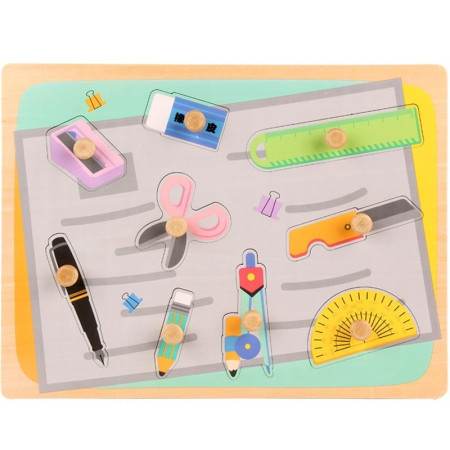 Puzzle Montessori din Lemn pentru Copii, Cyrax, 0-3 Ani, 3D, Model Instrumente Matematice, Educativ, Intuitiv, Creativ, 9 Piese, 30x22.5x0.8 cm, Multicolor