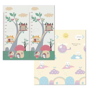 Covoras pentru Copii, Cyrax, cu 2 Fete, Model Casute in Copaci/Iepurasi, din XPE+PE, Impermeabil, Antiderapant, Protectie Termica, +3 Luni, Pliabil, 180 x 200 x 1.5 cm, Multicolor