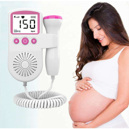 Monitor Fetal Doppler, Cyrax, Monitorizare Sarcina, Ritm Cardiac, Ecran LCD 4.5 cm, 2 x Baterii AA (neincluse), Portabil, din ABS, 12.8 x 9.6 x 3 cm, Utilizare de la 9 Saptamani, Roz