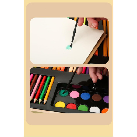 Set 180 Piese pentru Desen si Pictura, Cyrax, Tip Servieta din Lemn, Model Natur, 46 x 30.9 x 4.1 cm, Multicolor