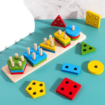 Jucarie Educativa Cyrax, Tip Montessori, din Lemn, + 36 Luni, Forme Geometrice, 20 Piese, 6 x 26.5 cm, Multicolor