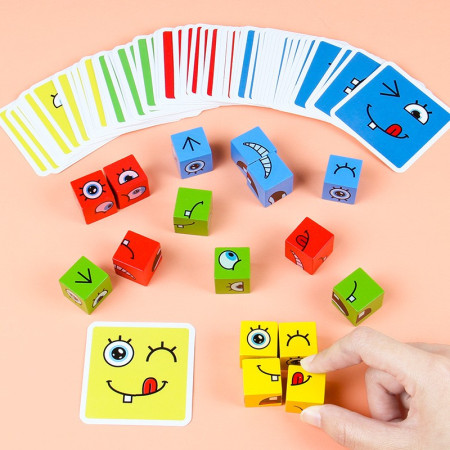 Jucarie Pentru Copii Montessori Cyrax, Cub din Lemn, Asamblare Fete, 64 de Carti Distractive, Clepsidra si Clopotel inclus, pentru Baieti si Fete, Varsta +3 ani, Educativ, Cutie din carton, 21 x 21 x 5.5 cm, multicolor